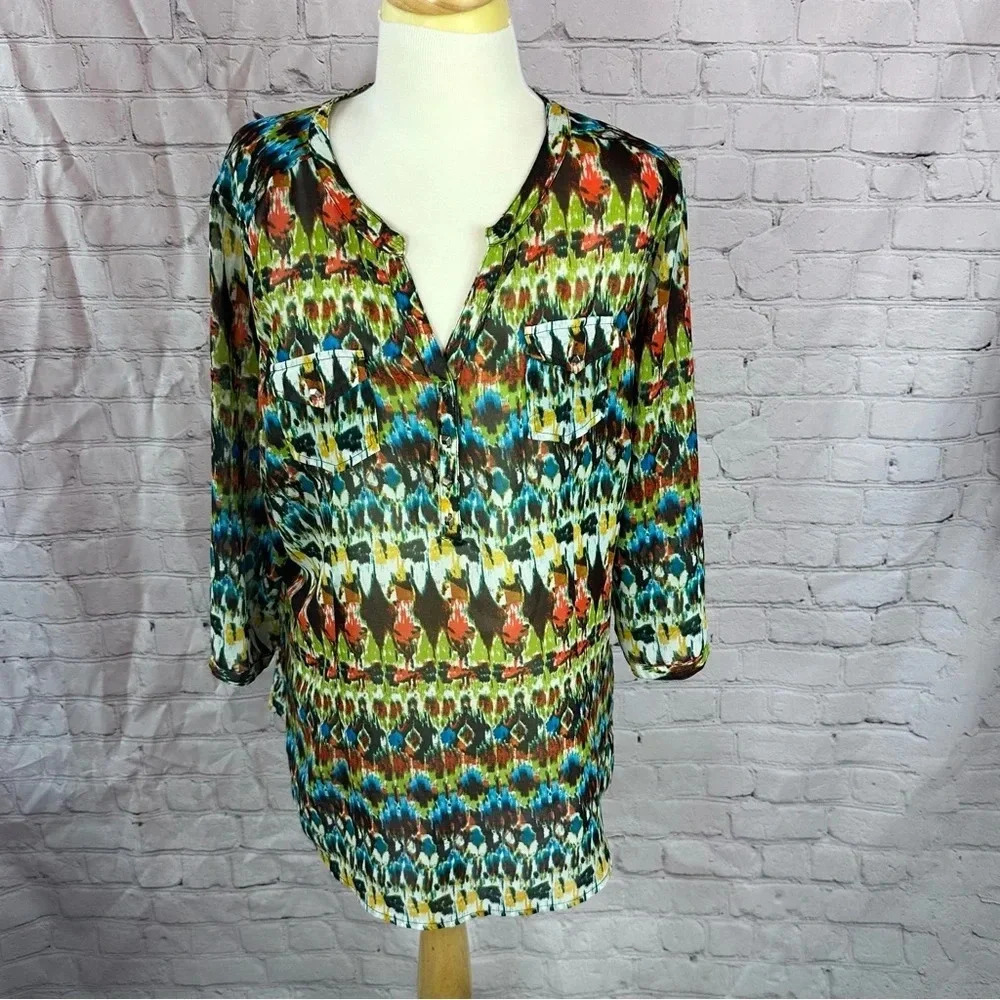 Western Ariat semi-sheer aztec southwest print blouse size large